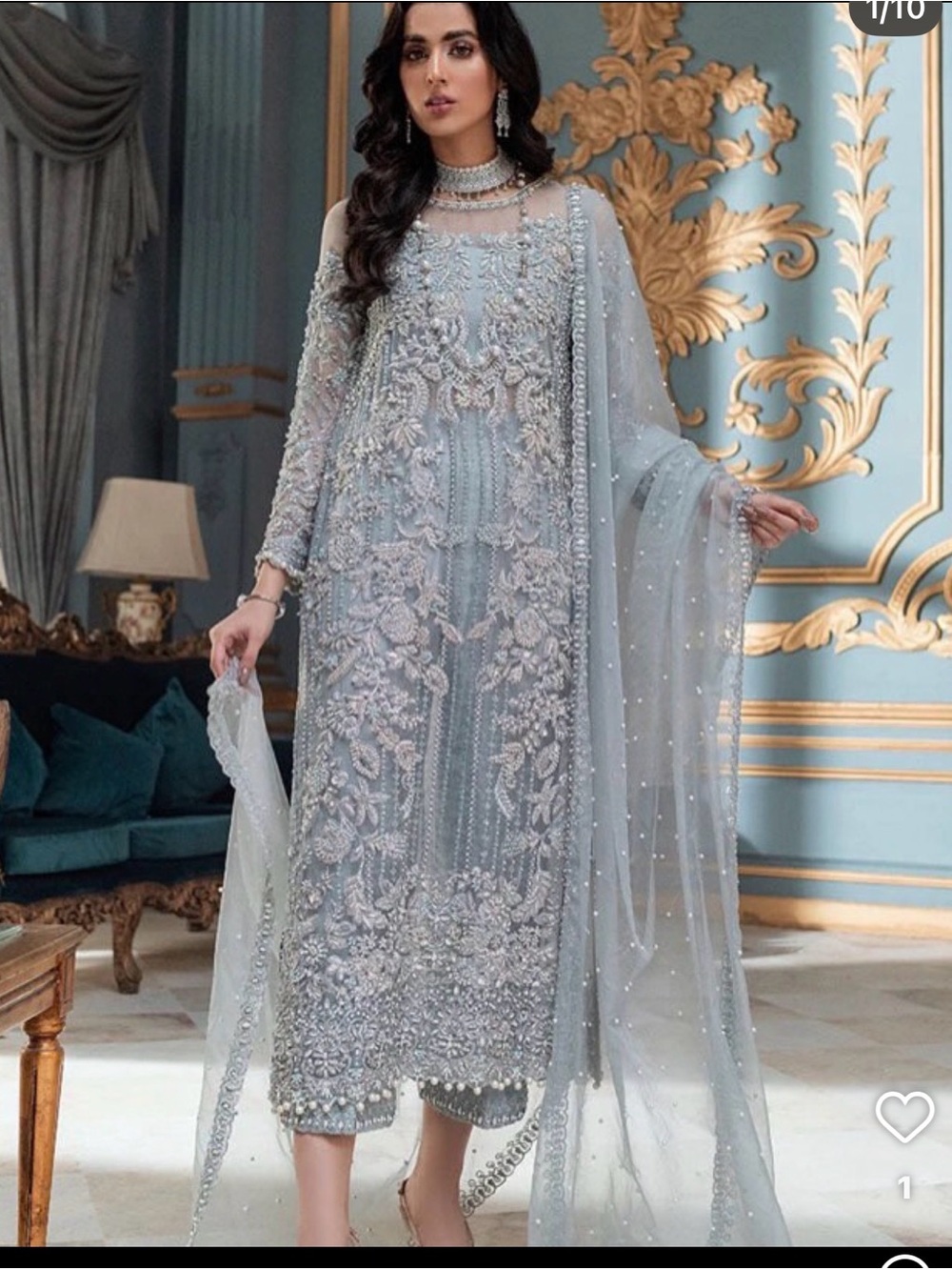 Mushq Pakistani 
Embroidered Long-Sleeve Formal Dress in Light Blue